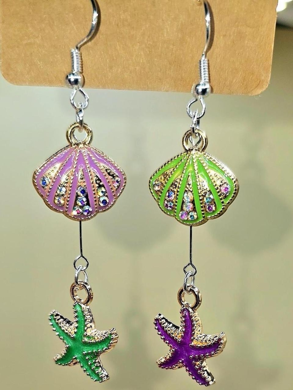 Purple & Green Mixmatched Seashell and Starfish Drop Earrings